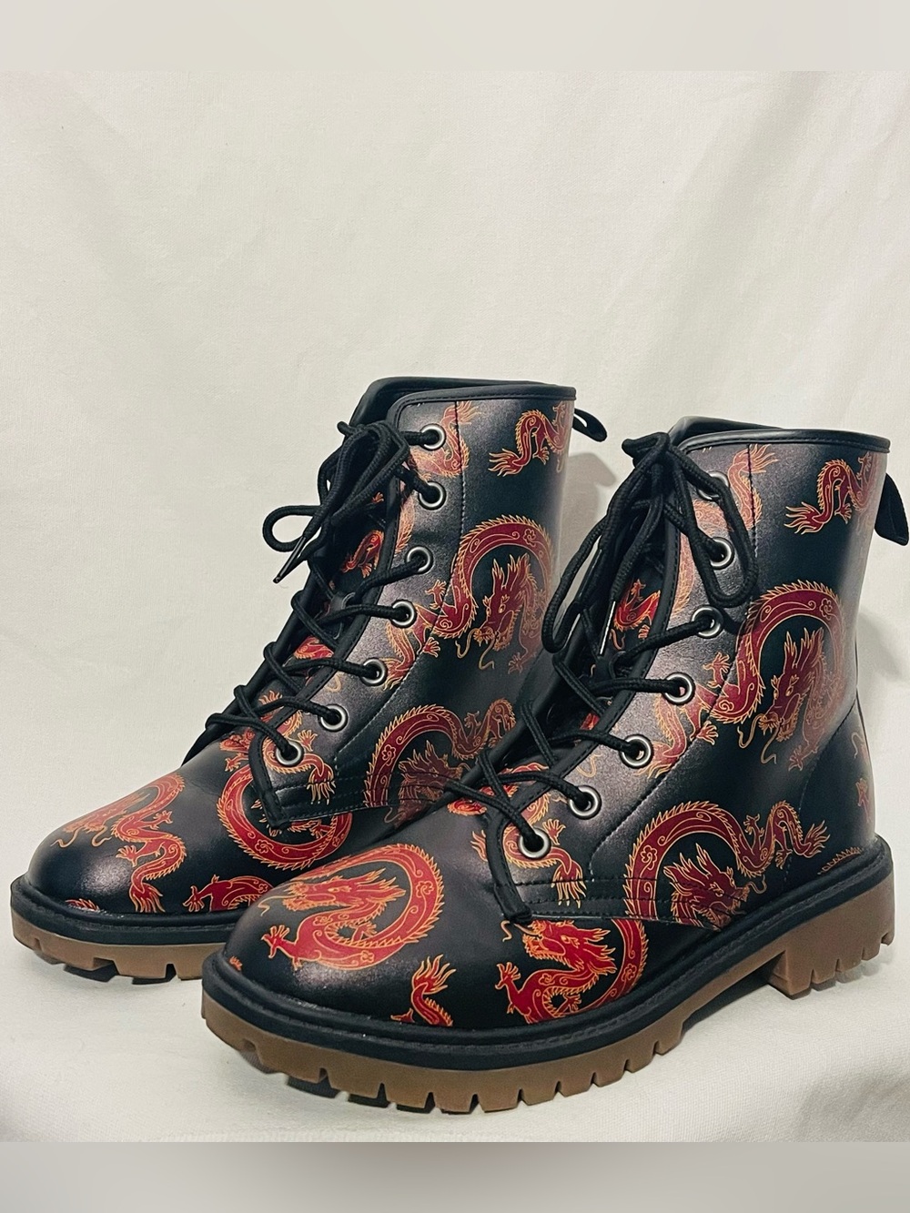 Black Lace-Up Boots with Red and Orange Coiled Dragon Motif